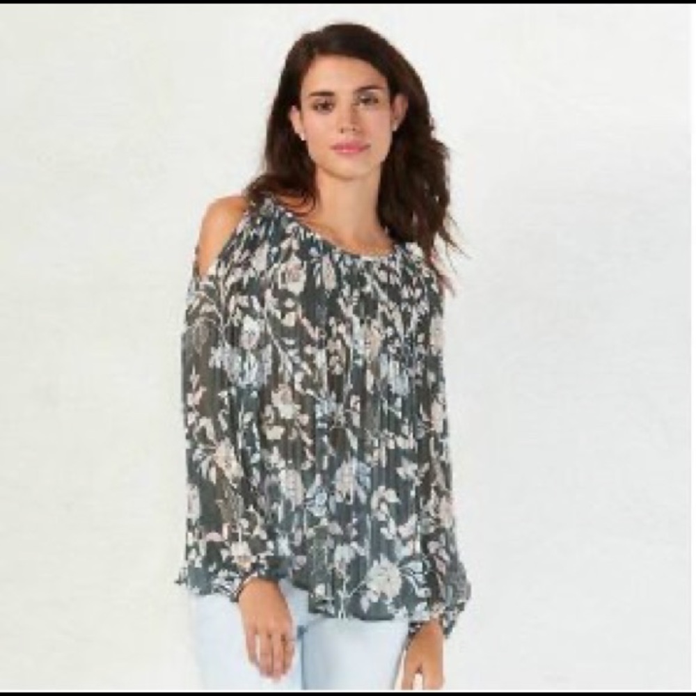 LC Lauren Conrad Floral Pleated Cold-Shoulder Blouse Top Size Small